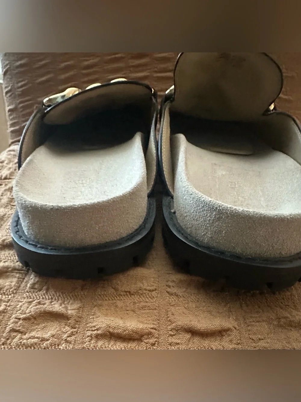 Michael Kors Black Leather Mules with Oversized Gold Chain
